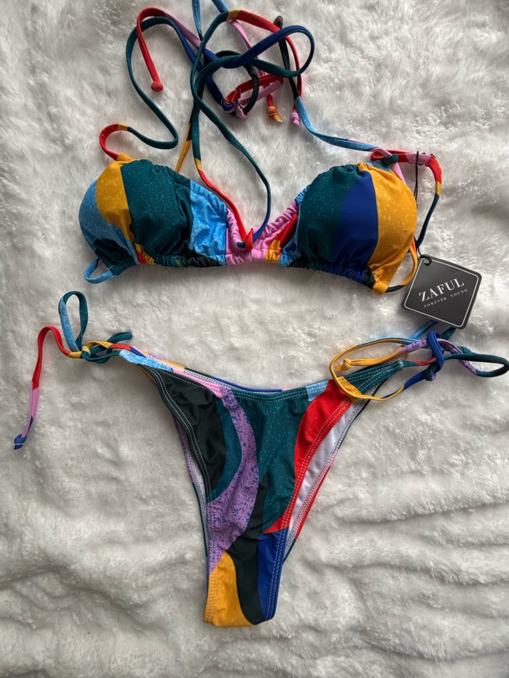 Zaful Multicolor Stripe Tie-Side Bikini — Blue, Green, Yellow, Red, Pink, Purple